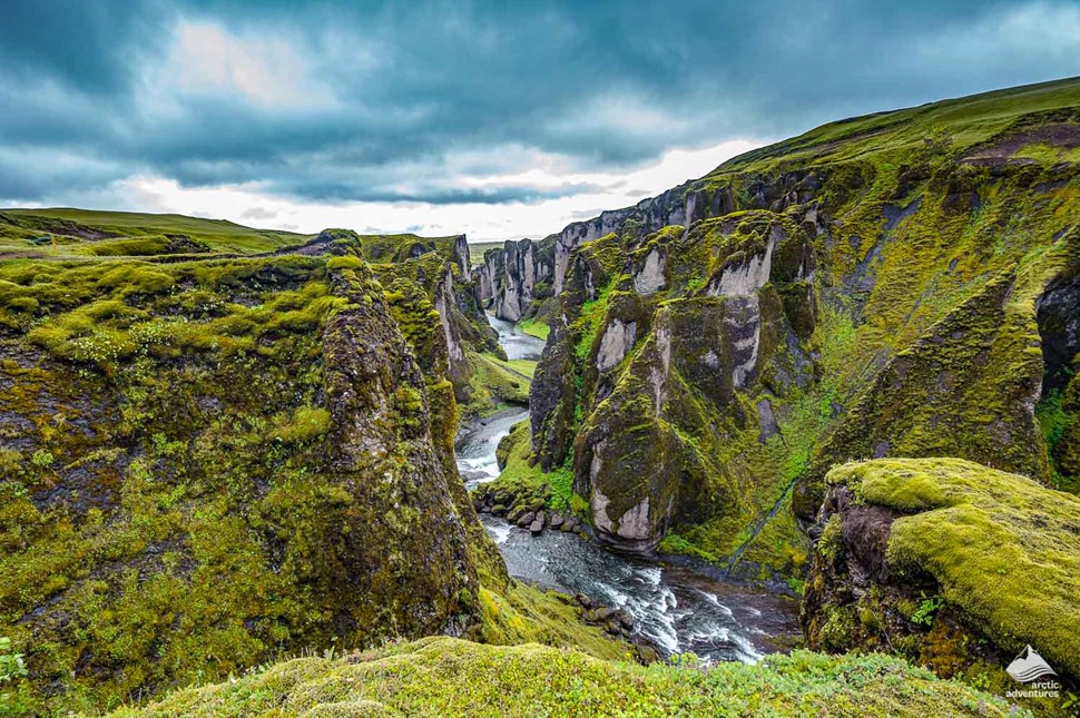 Fjaðrárgljúfur canyon with green mossy walls, Iceland
