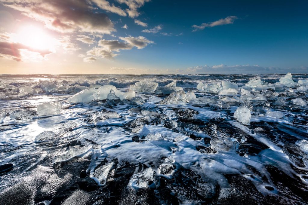 Ice blocks on the black sand of Diamond Beach, Iceland