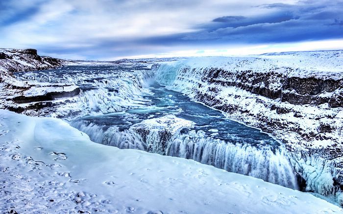 Frozen Gullfoss waterfall in the Golden Circle, Iceland