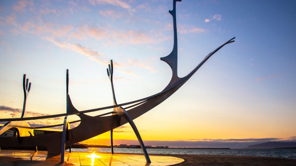 Sun Voyager sculpture on the Reykjavík waterfront at sunset