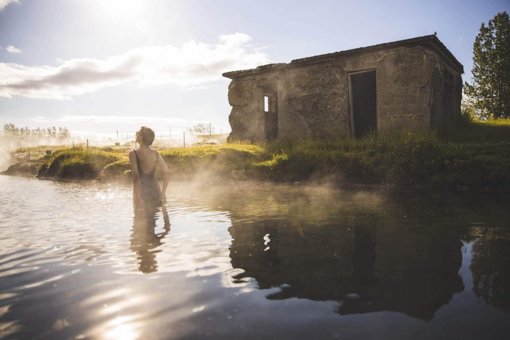 Steaming Secret Lagoon thermal pool (Gamla Laugin) in Flúðir, Iceland