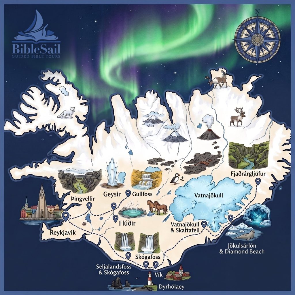 Mappa illustrata dell’itinerario Islanda e Aurora Boreale 2027 con il percorso e le principali tappe del viaggio